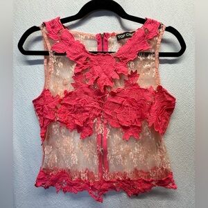 Hot Pink Appliqué Camisole Bodycon Top Chic Blush Lace w/ Hot Pink Embroidery L